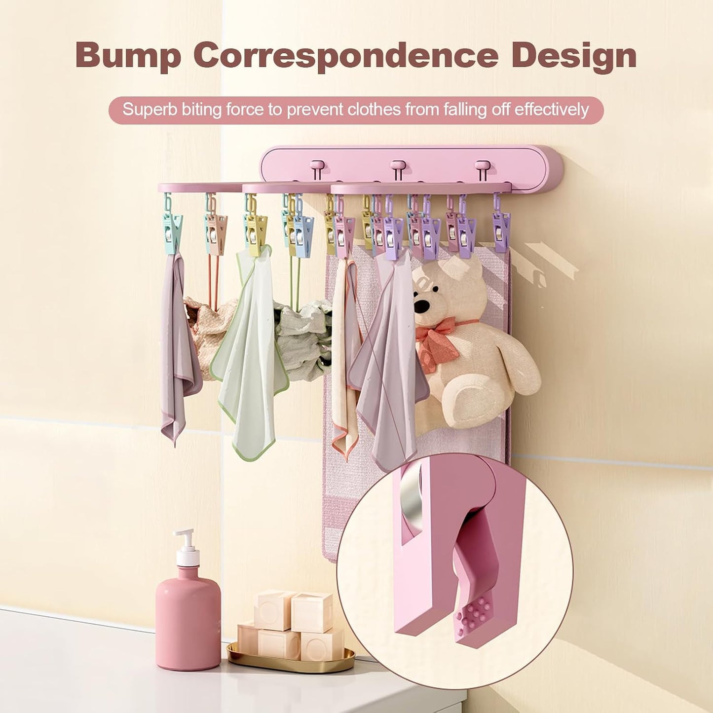 Clothes Drying Rack Wall Mounted, Clothes Drying Rack Folding Indoor with Clip, Balcony Drying Rack Dryer, Space Saver for Socks, Underwear, Rags, Towels