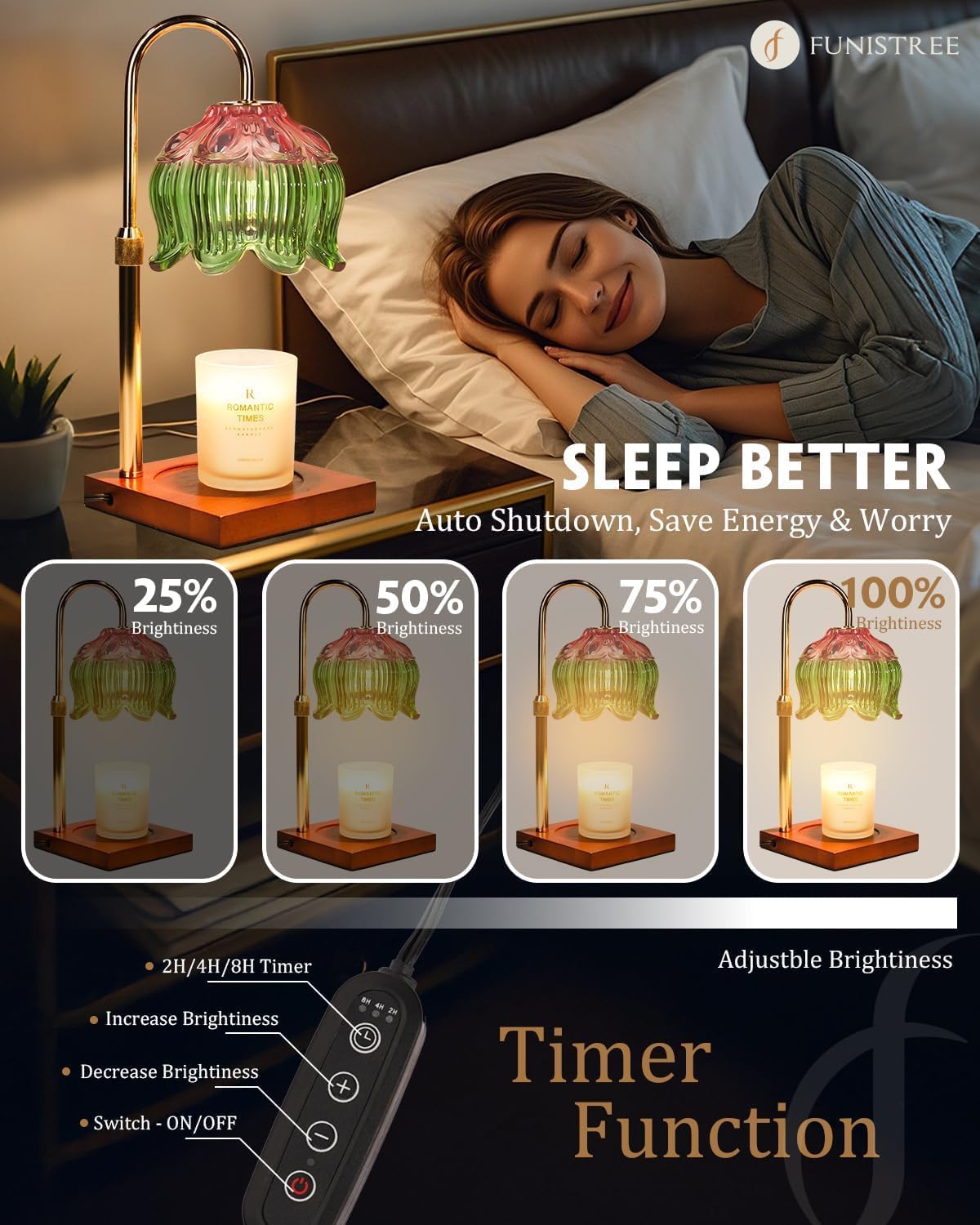 Funistree Flower Candle Warmer Lamp with Timer & Dimmer, Adjustable Height Candle Warmer, Christmas Birthday Gifts for Women Mom, House Warming New Home Decor, Wax Warmer with 2 Bulbs for Jar Candles