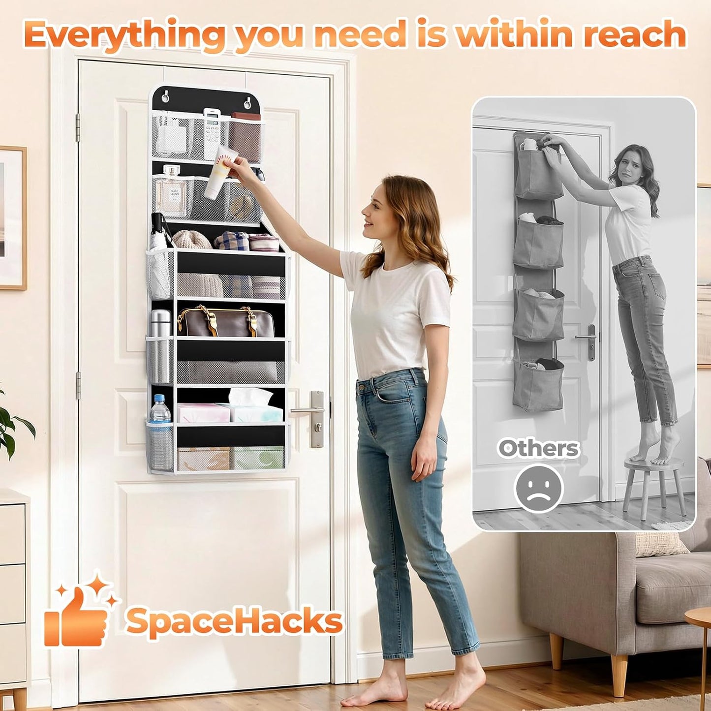 SpaceHacks 5-Tier Over the Door Organizer with Mesh Pockets, Baby Nursery Storage for Closet, Bathroom and Bedroom, Adjustable Hanging Closet Organizer for Cosmetics, Books and Essentials (Dark Grey)