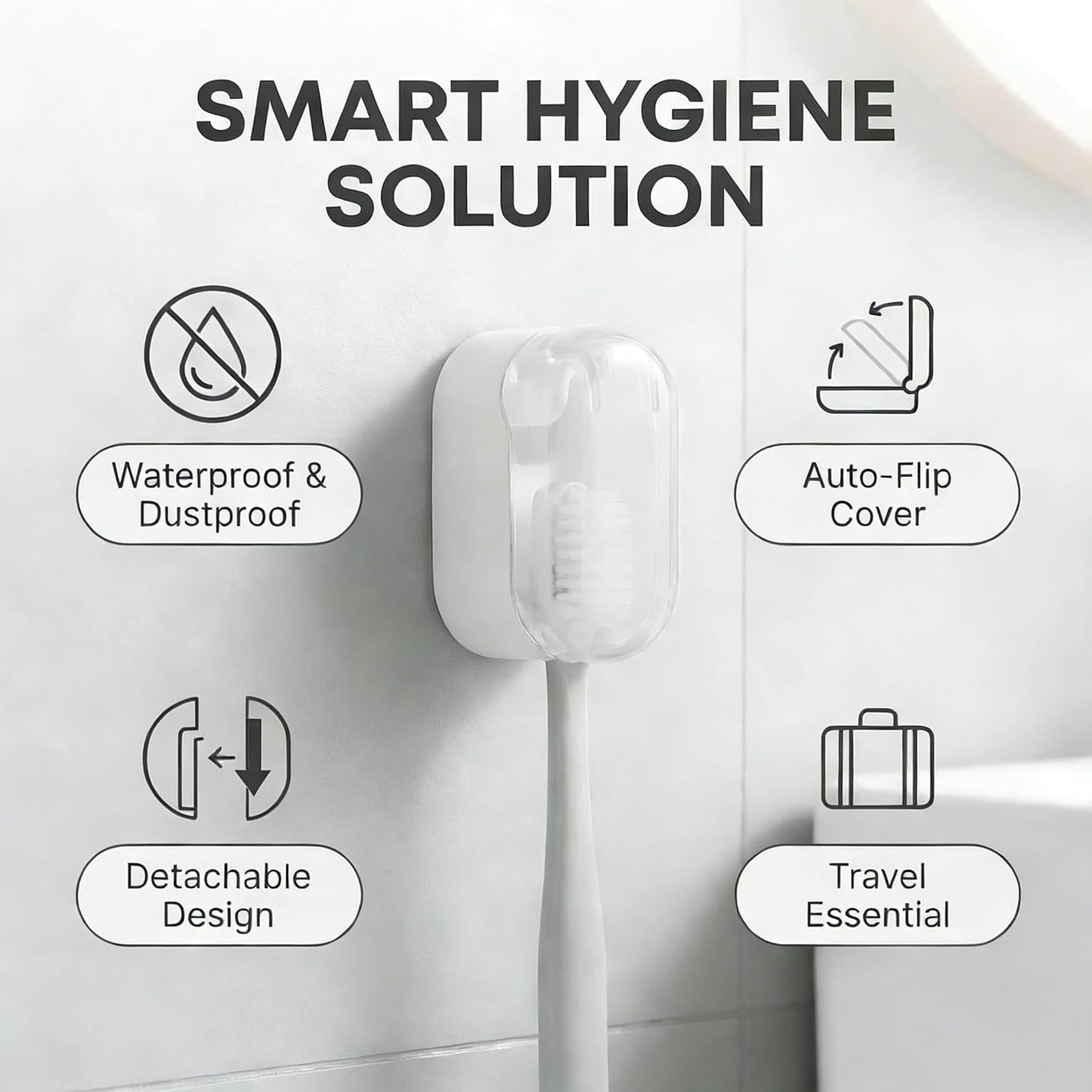 3 PCS Wall Mounted Toothbrush Holders for Bathrooms with Cover, Dustproof Strong Adhesive Toothbrush Holder, No-Drill Space-Saving Shower Toothbrush Organizer Set for Family & Travel (White)