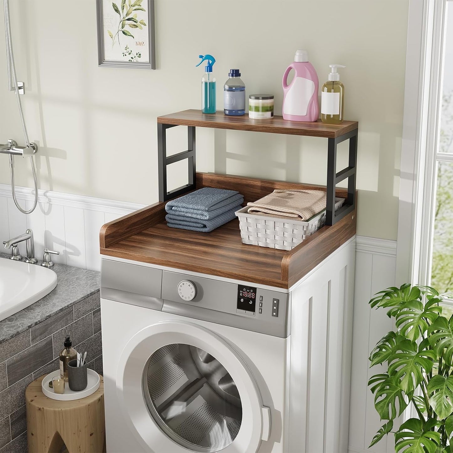 Washer Dryer Countertop with Shelf, 23.62″D x 23.62″W x 16.57″H, Countertop for Washer and Dryer Top with Non-Slip Pads and Edge Rails, Laundry Room Storage and Organization(Black)