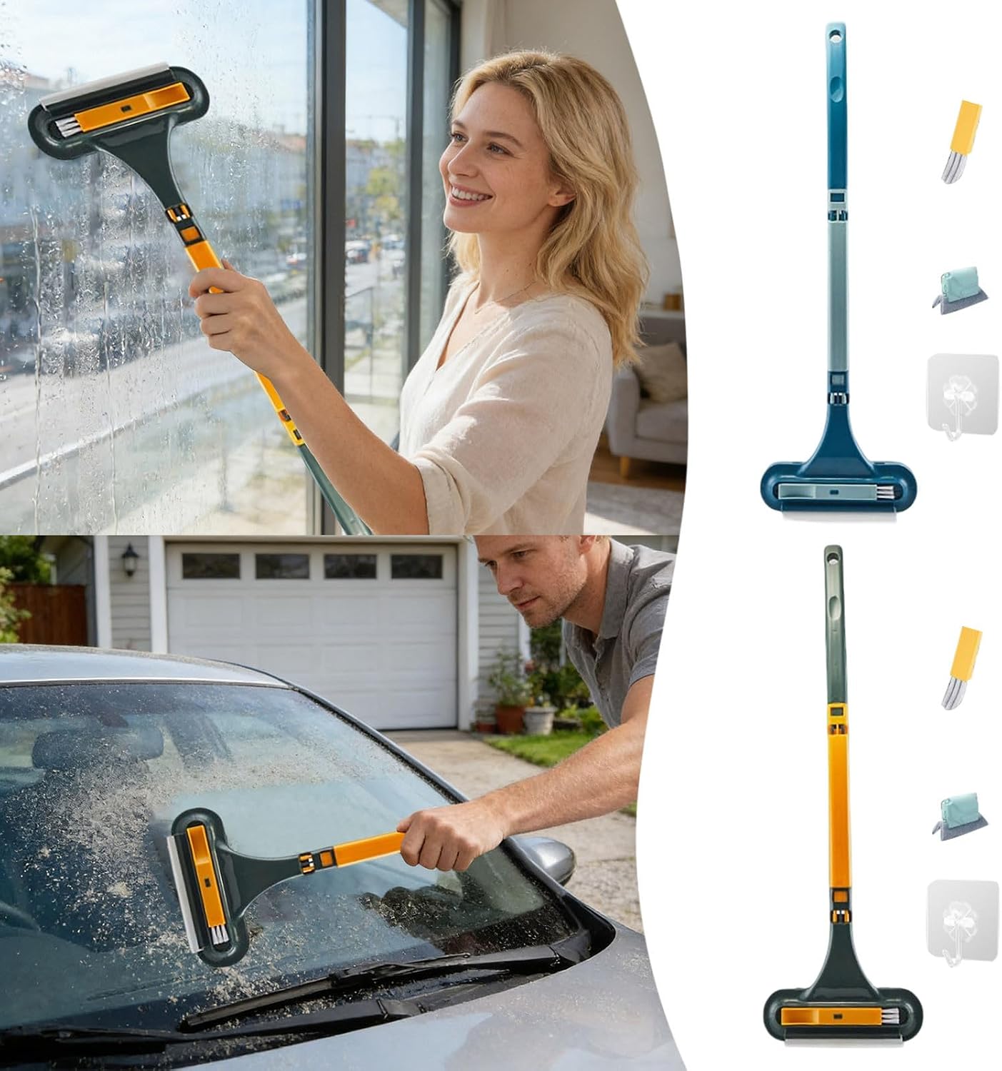 Window Screen Cleaning Brush with Long Handle, 3 in 1 Double-Sided Window Screen Cleaner, Dry＆Wet Long Handle Washable Cleaner Tool for Patio Door Screens (Blue)