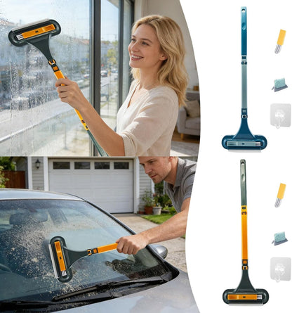 Window Screen Cleaning Brush with Long Handle, 3 in 1 Double-Sided Window Screen Cleaner, Dry＆Wet Long Handle Washable Cleaner Tool for Patio Door Screens (Blue)