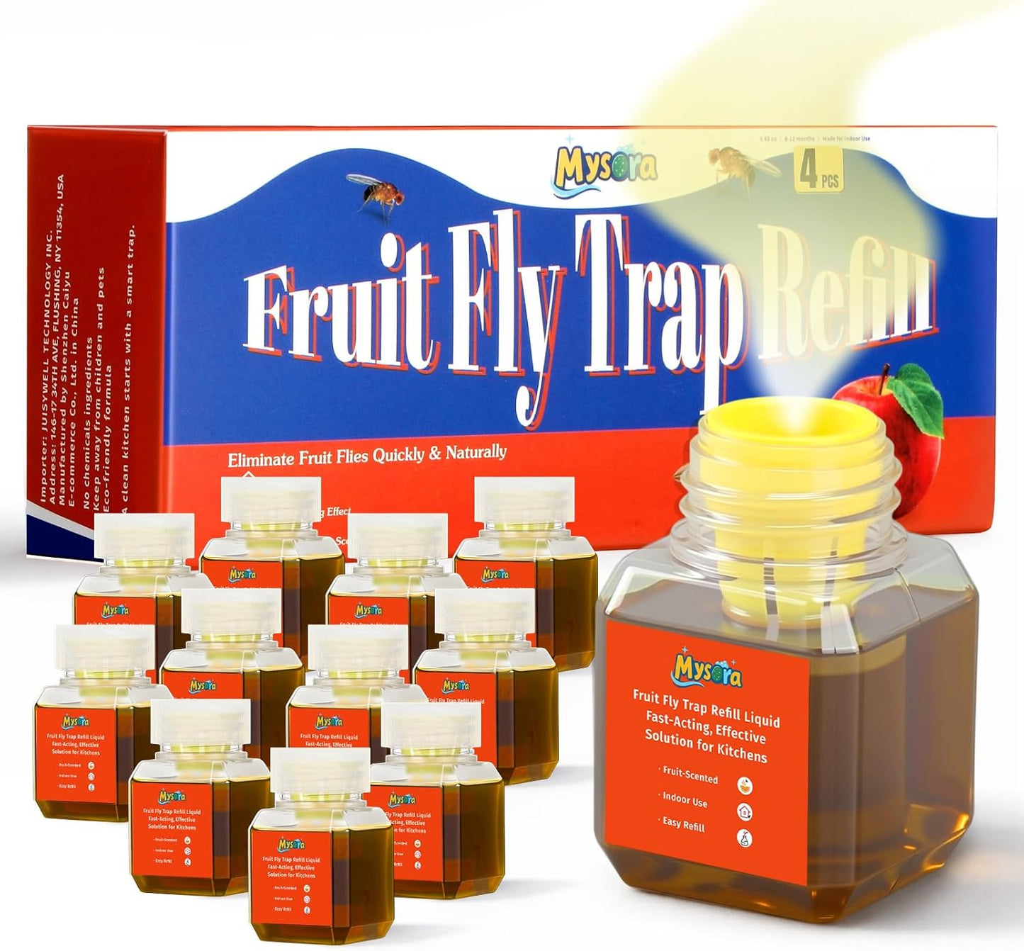 4 Pack Fruit Fly Trap Refill Liquid, with Funnel, 0.68 Ounces Per Bottle, Effective Fruit Fly Bait Refill, Suitable for Indoor Use, Kitchen Countertops, Home Environments, Non-Toxic