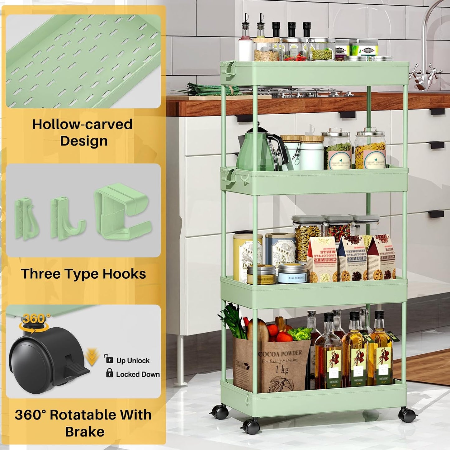 SPACEKEEPER 5-Tier Rolling Cart, Bathroom Storage Organizer Utility Cart, Mobile Shelving Unit Slide Out Shelves for Kitchen Living Room Laundry Room & Dressers, Black