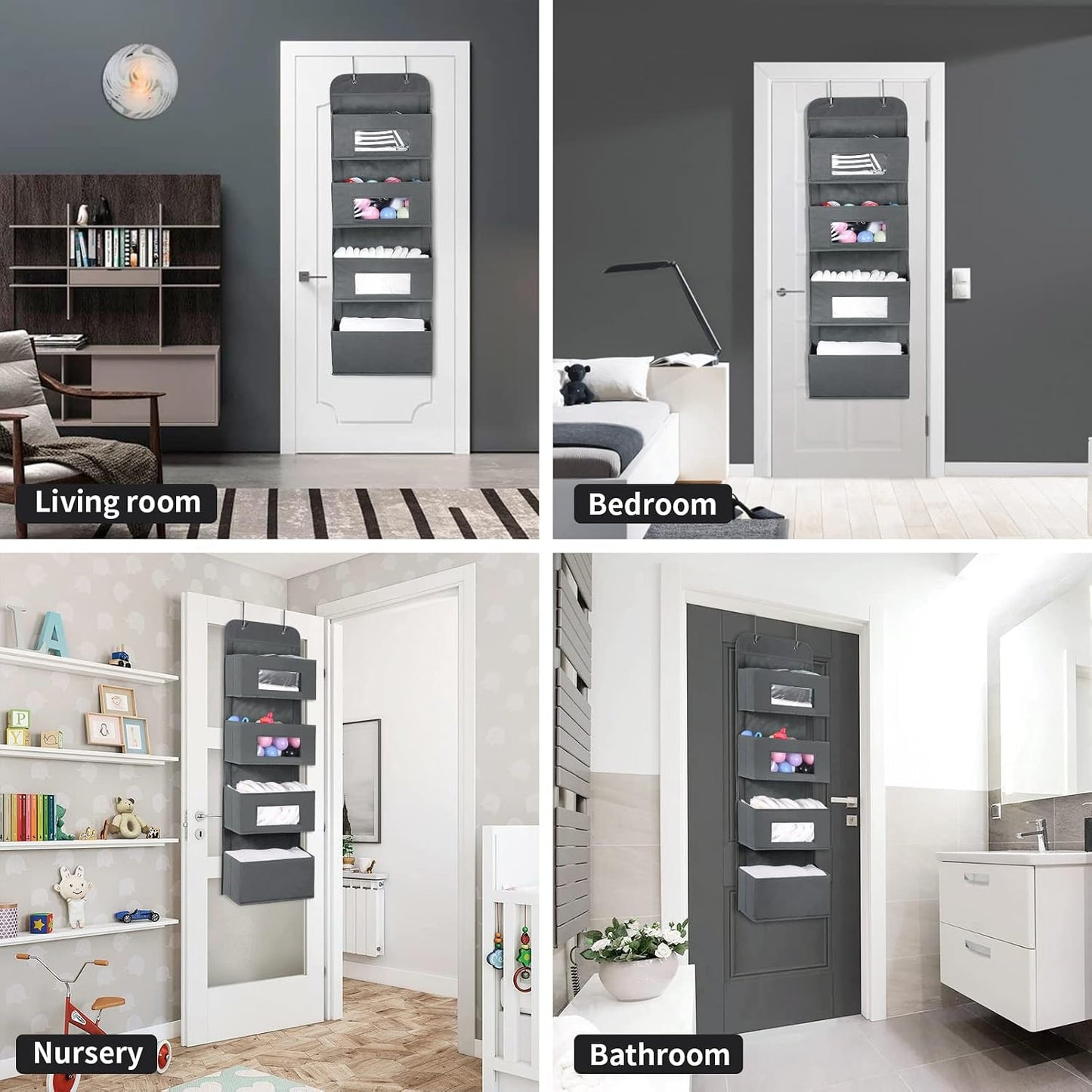 MAX Houser 4-Shelf Over The Door Hanging Organizer with 2 Metal Hooks, Gray | 4 Pocket Swing-proof Behind Door Organizers with Clear Windows for Bathroom Closet, Dorm