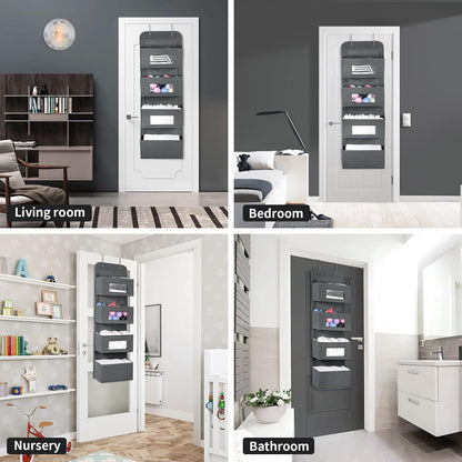 MAX Houser 4-Shelf Over The Door Hanging Organizer with 2 Metal Hooks, Gray | 4 Pocket Swing-proof Behind Door Organizers with Clear Windows for Bathroom Closet, Dorm
