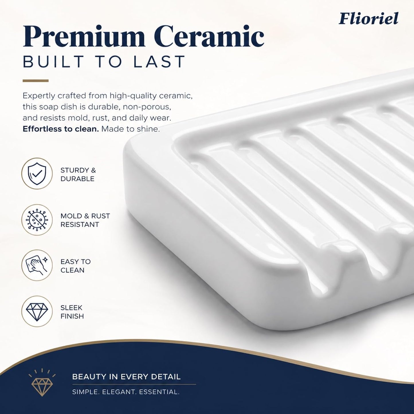 Ceramic Soap Dish Self Draining Soap Holder Bathroom Sink | White Porcelain Soap Tray Self Draining Keeps Soap Dry Anti Slip Silicone Pads Easy Clean Modern Minimalist Bathroom Shower