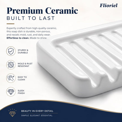 Ceramic Soap Dish Self Draining Soap Holder Bathroom Sink | White Porcelain Soap Tray Self Draining Keeps Soap Dry Anti Slip Silicone Pads Easy Clean Modern Minimalist Bathroom Shower
