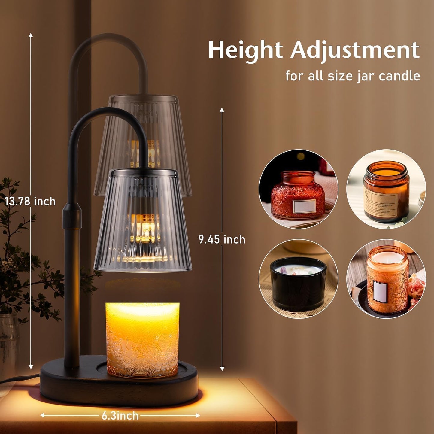Adjustable Candle Warmer Lamp with Timer - Electric Light Wax Warming Dimmable Flameless Top Melter Heater Melting Heating Height Small Jar Candles Gifts Women Mom Birthday Home Desk Modern Decor