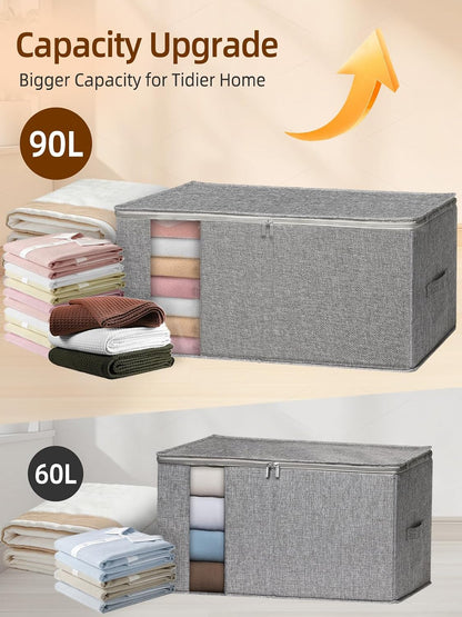 60L Blanket/Comforter Storage Bag w/Rigid Side & Bottom Support, Stackable Clothes Storage Bin for Sweaters Bedding Sets Quilts Pillows, Closet Organizer, 21.7x14.2x11.8in, 2 Pack, Gray