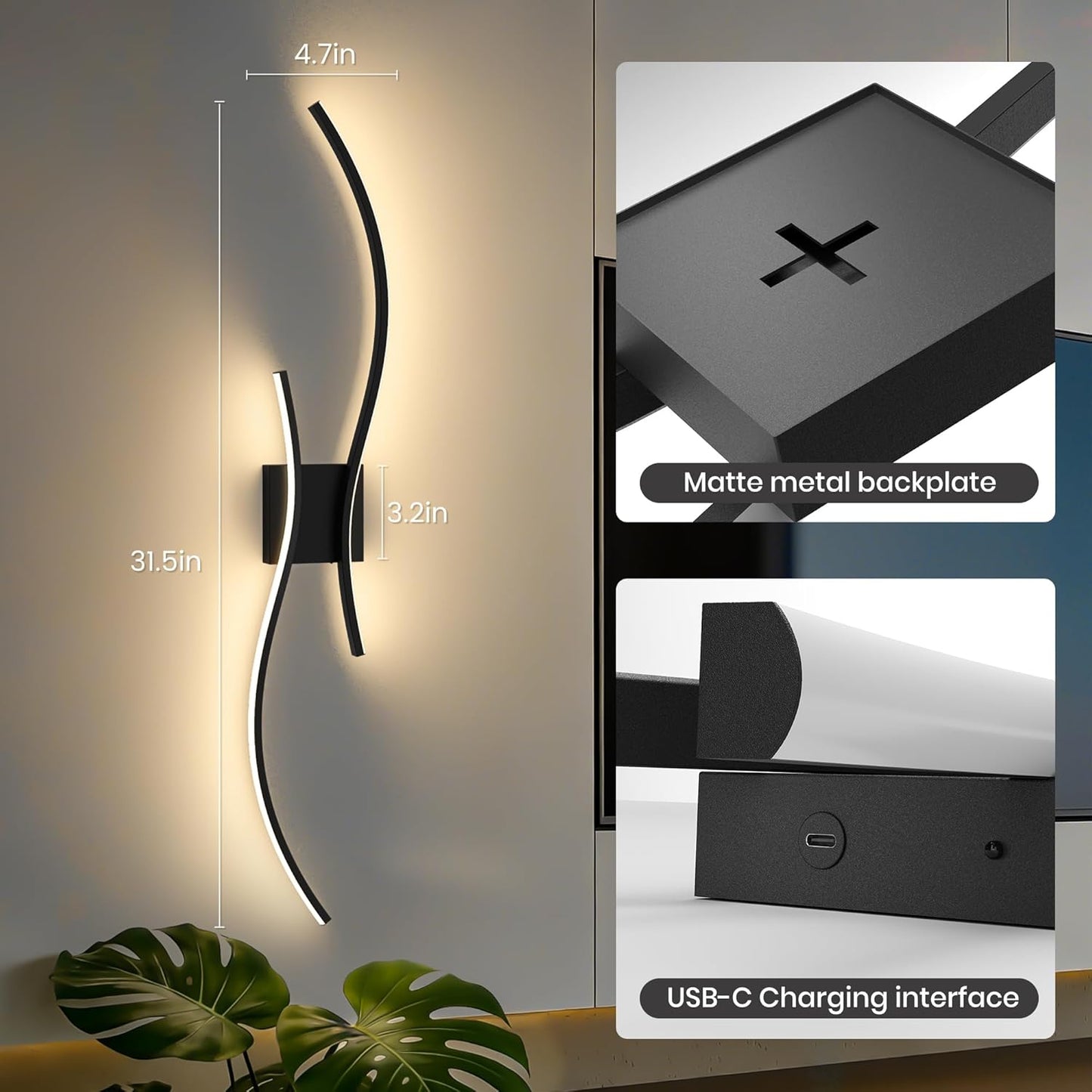 Battery Operated Wall Sconces Set of Two, 10000mAh Rechargeable Modern Wall Lights with Remote Control, Dimmable Gold LED Cordless Lighting for Living Room, Bedroom, Hallway, 39.4 Inch, 3CCT
