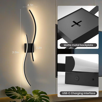Battery Operated Wall Sconces Set of Two, 10000mAh Rechargeable Modern Wall Lights with Remote Control, Dimmable Gold LED Cordless Lighting for Living Room, Bedroom, Hallway, 39.4 Inch, 3CCT
