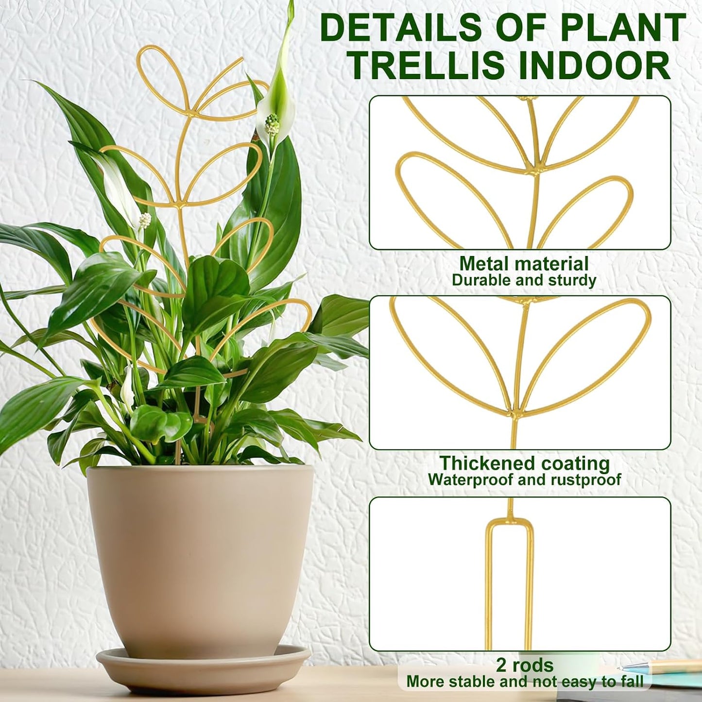 AUGSUN 2 Packs Plant Trellis Garden Trellis Plant Stakes Trellis | for Climbing Plants, Indoor Plants Metal Leaf Shape, Plant Support for Houseplants, with 50 Ties Plant Lover Gift (Green)