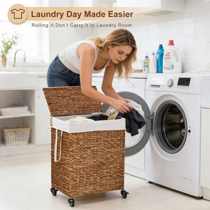 3-Section Laundry Hamper with Lid, Large Capacity Woven Natural Water Hyacinth Laundry Sorter with Removable Liners, Rolling or Non-Slip Design for Bedroom (Natural, 155L)