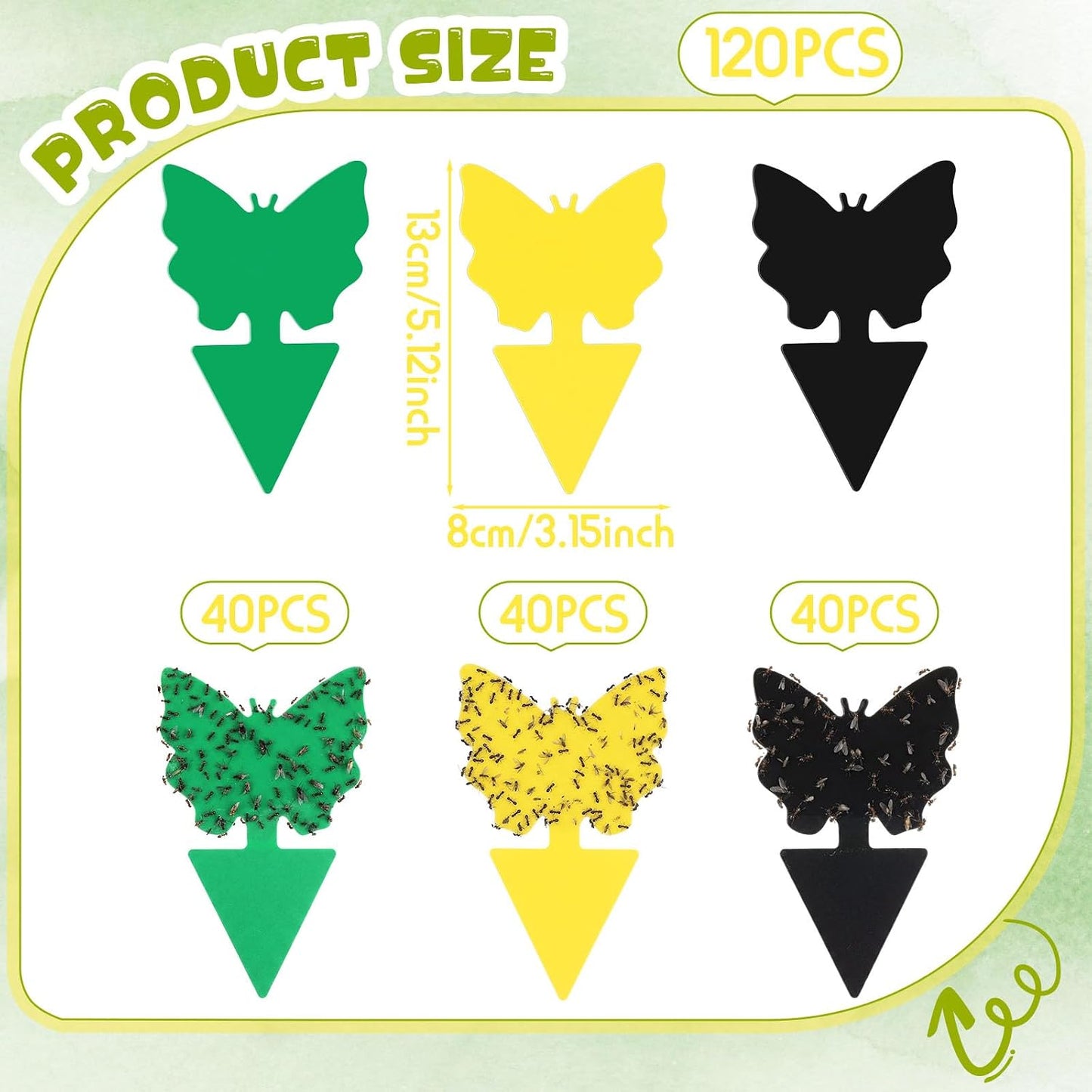 120 Pack Fruit Fly Traps Fungus Gnat Sticky Traps Yellow Black Green Plant Fly Stickers Double Side with Shovel for Indoor Outdoor Kitchen Garden Houseplant Flying Bug Insect (Flower)