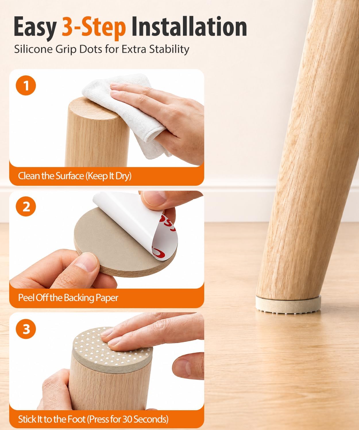 Felt Furniture Pads for Hardwood Floors - Non Slip Chair Leg Protectors with Silicone Grip Dots - Heavy Duty Anti-Scratch Floor Protection for Sofas & Tables, 1 Inch Round, 24 Pack, Beige