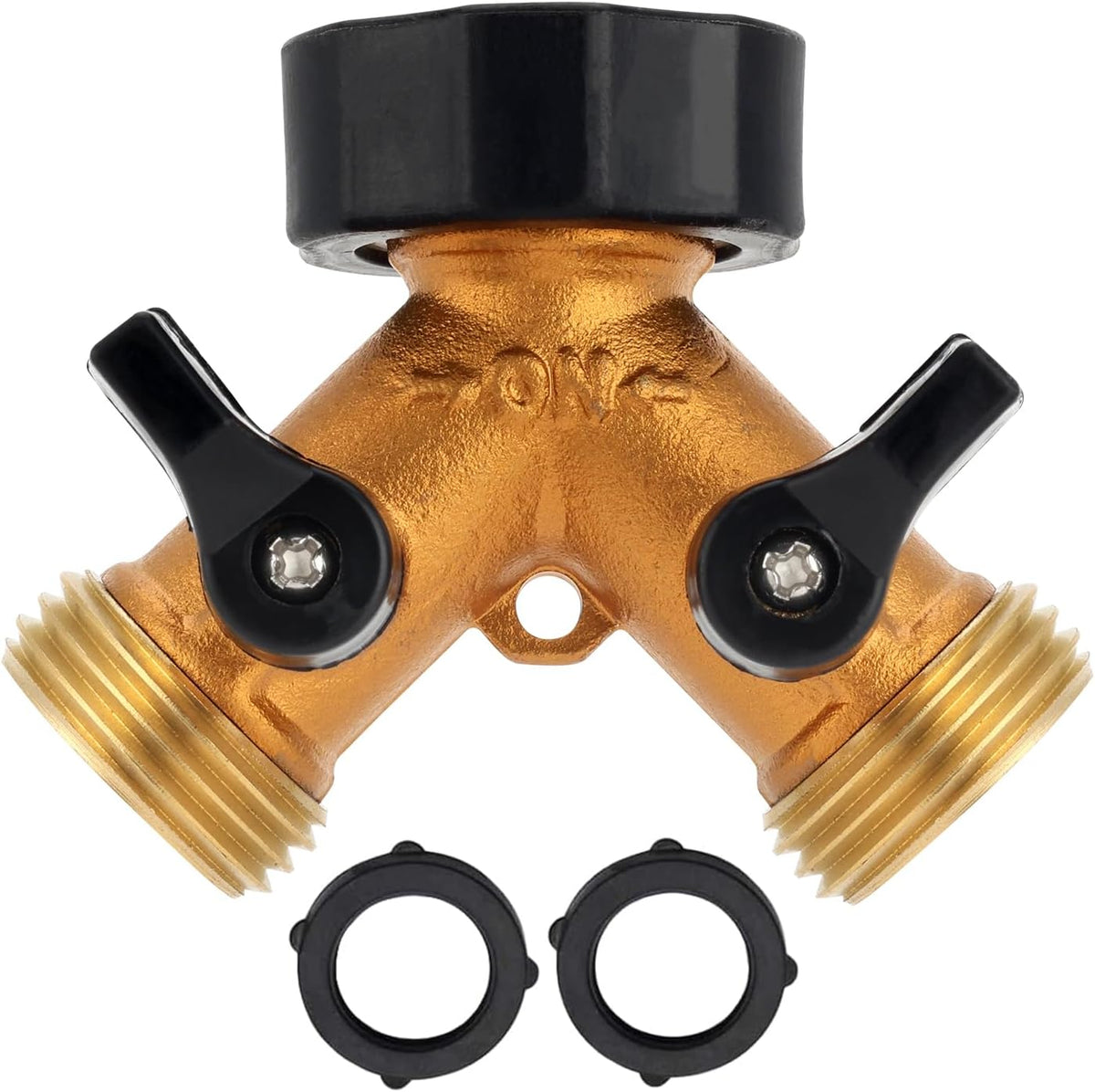 A30008-D Brass Hose Y Connector Brass Garden Hose Adapter, Garden Hose Splitter 2 Way Heavy Duty, Hose Bib Splitter with 2 Extra Rubber Washers-2PACK