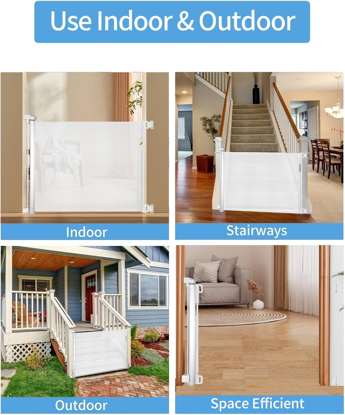 Retractable Baby Gate for Stairs – 33” Height, Expands up to 55” Width – Safety Gate for Infants, Toddlers, Dogs & Pets – Easy Install, Secure Closure, White Mesh Design for Indoor & Outdoor Use