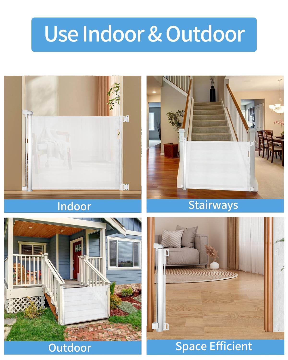 Veraste Retractable Baby Gate for Doorways and Stairs, Mesh Safety Gate for Pet, Indoor & Outdoor Use, One-Hand Operation, Easy Installation, 33.6" Tall, Expands to 55" Wide（White,33.6"x55"