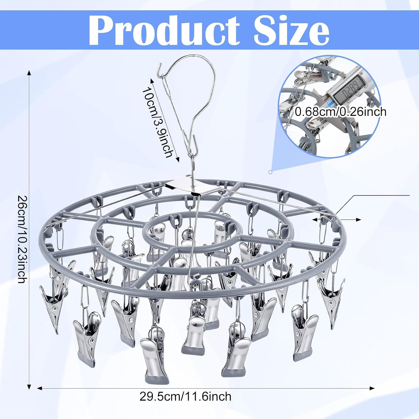 2 Pack Clothes Drying Rack with 24 Clips, Stainless Steel Clothes Drying Hanger, Swivel Windproof Round Dry Rack, Heavy Duty Underwear Hanger for Indoor Outdoor Wet and Dry (Grey)