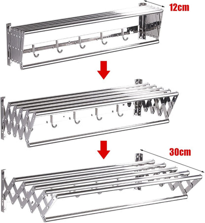 Expandable Wall Mounted Folding Clothes Horse Dryer Rack Retractable Laundry Drying Rack Clothes Airers Washing Line Indoor Towel Hooks Elegant70Cm,40cm