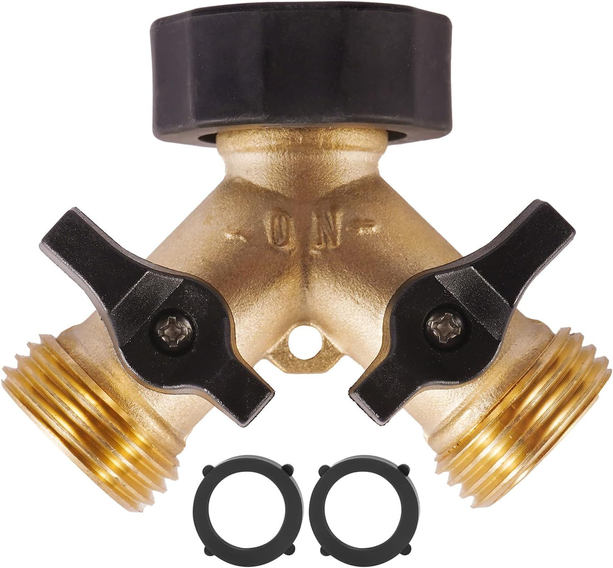 Garden Hose Splitter 2 Way Heavy Duty, Brass Hose Y Splitter with Shutoff Valve, Easy Grip Handle, Water Spigot Outdoor Faucet Splitter Y Adapter with 2 Extra Rubber Washers