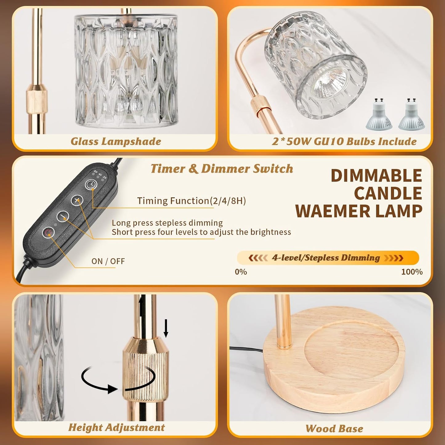 Candle Warmer Lamp with Timer and Dimmable, Electric Wax Melt Candle Warmers Height Adjustable with 2 Bulbs, Birthday Gifts for Women House Warming, Home Decor for Scented Jar Candles(Clear)