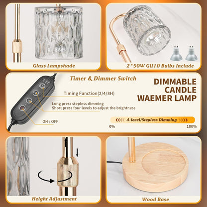 Candle Warmer Lamp with Timer and Dimmable, Electric Wax Melt Candle Warmers Height Adjustable with 2 Bulbs, Birthday Gifts for Women House Warming, Home Decor for Scented Jar Candles(Clear)