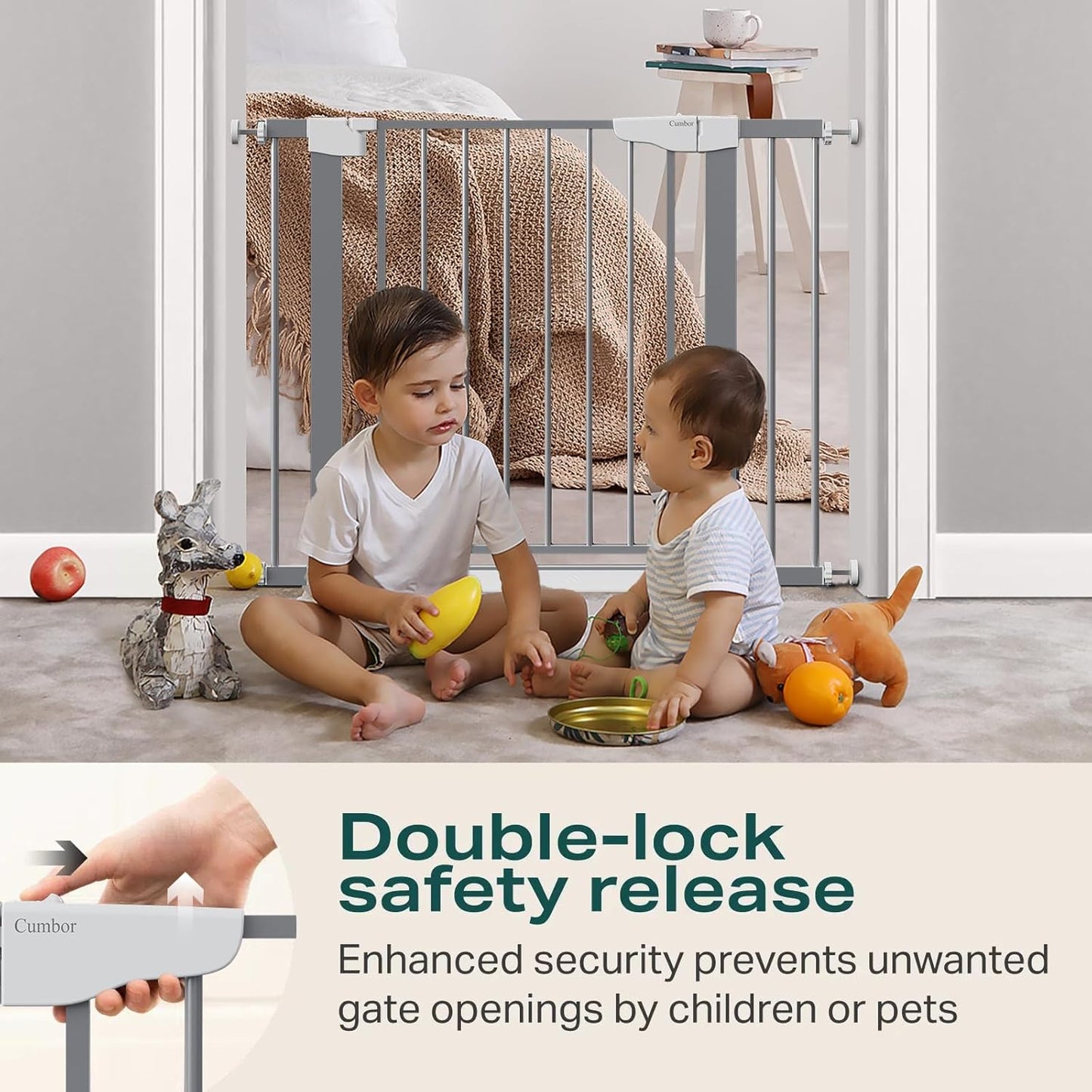 Cumbor 29.7-48" Baby Gate for Stairs, Mom's Choice Awards Winner-Dog Gate for Doorways, Auto Close Safety Pet Gate for Dogs Indoor, Easy Install Pressure Mounted Child Gate with Walk Thru Door, Brown