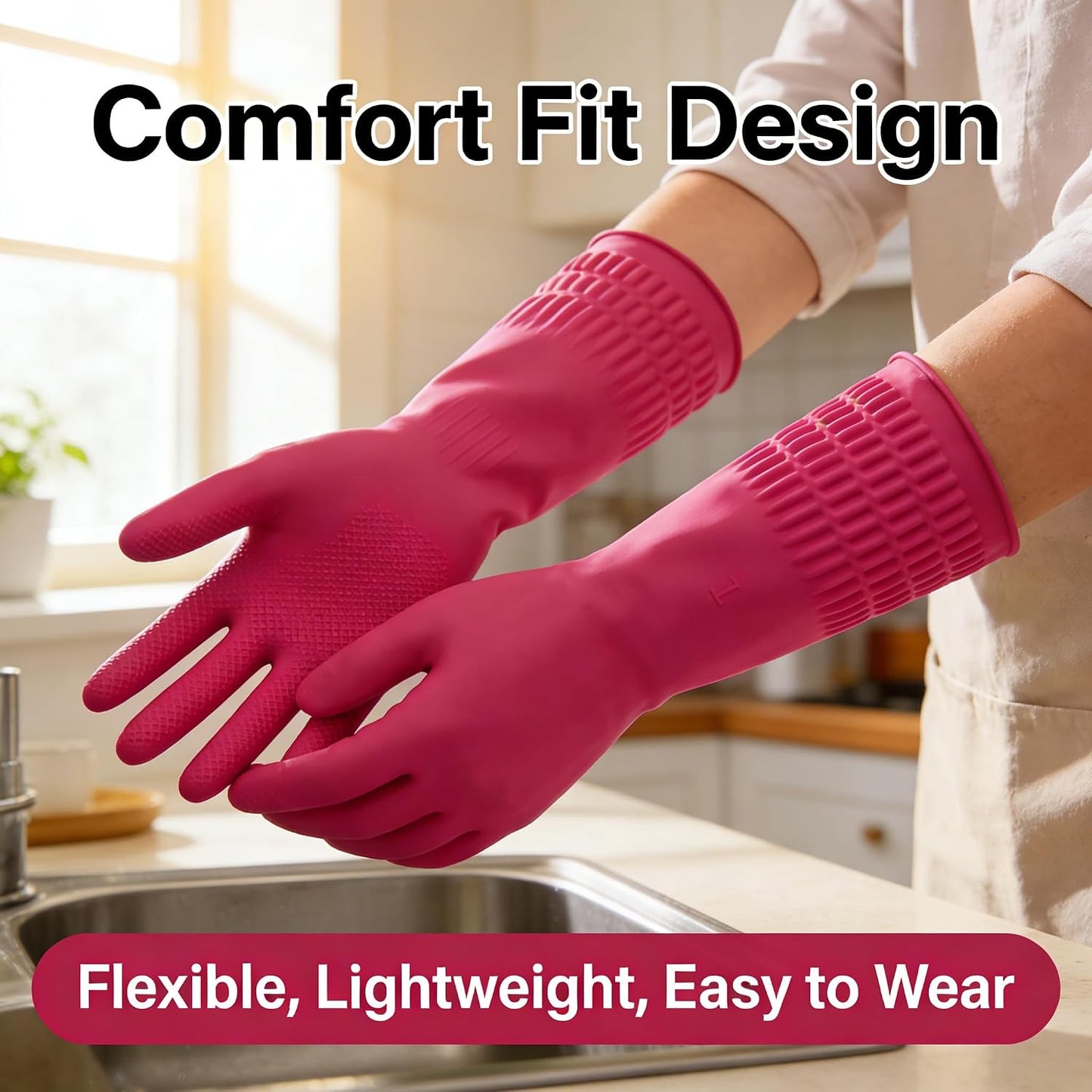 Long Cuff Rubber Cleaning Gloves for Household and Kitchen, Durable Dishwashing Gloves with Textured Grip, Medium Size Protection Reusable for Deep Cleaning, Mopping, and Car Detailing, Pink