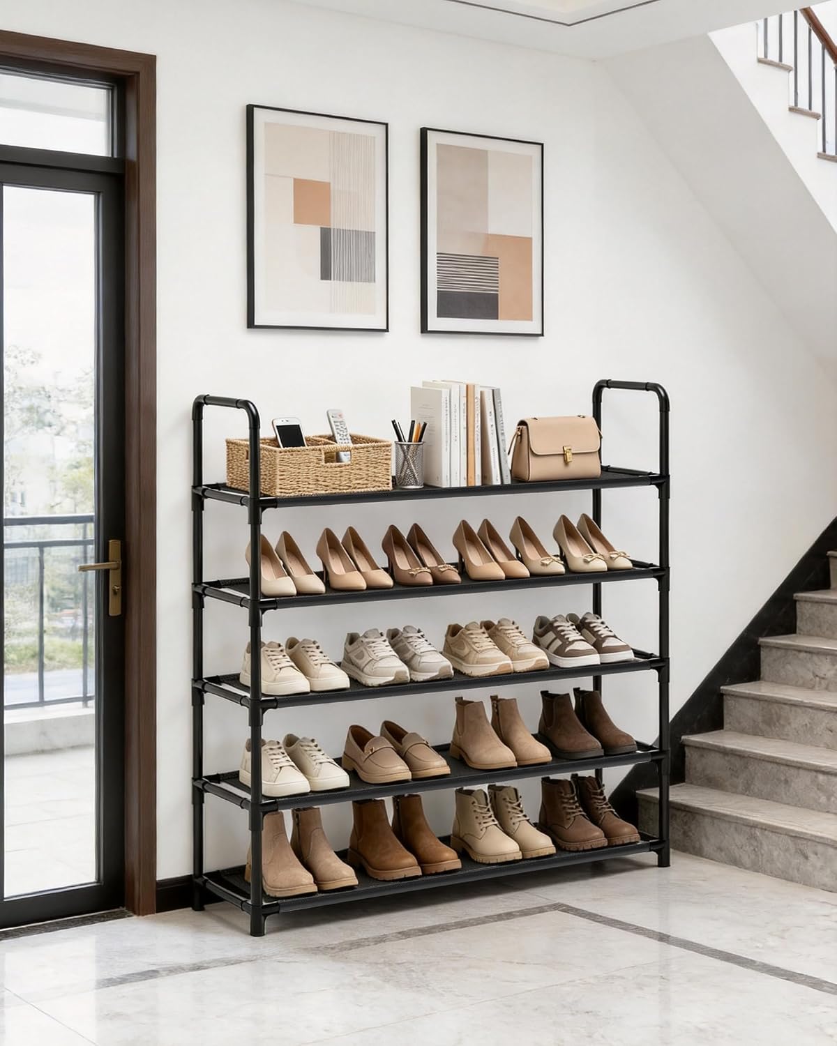 Long Shoe Rack, 3-Tier Stackable Shoe Organizer for Closet, Entryway, Hallway, Extra Bottom Layer, Holds 16-20 Pairs, Sturdy & Durable Waterproof Fabric Shelf, Space-Saving,Black(35.8" Wide)
