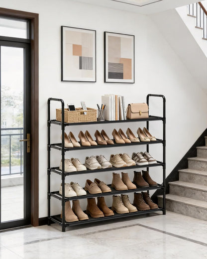 Long Shoe Rack, 3-Tier Stackable Shoe Organizer for Closet, Entryway, Hallway, Extra Bottom Layer, Holds 16-20 Pairs, Sturdy & Durable Waterproof Fabric Shelf, Space-Saving,Black(35.8" Wide)