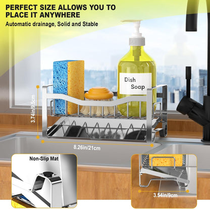 Maifan Stainless Steel Kitchen Sink Caddy Organizer with Auto Drain Tray, Sponge Holder for Countertop Storage