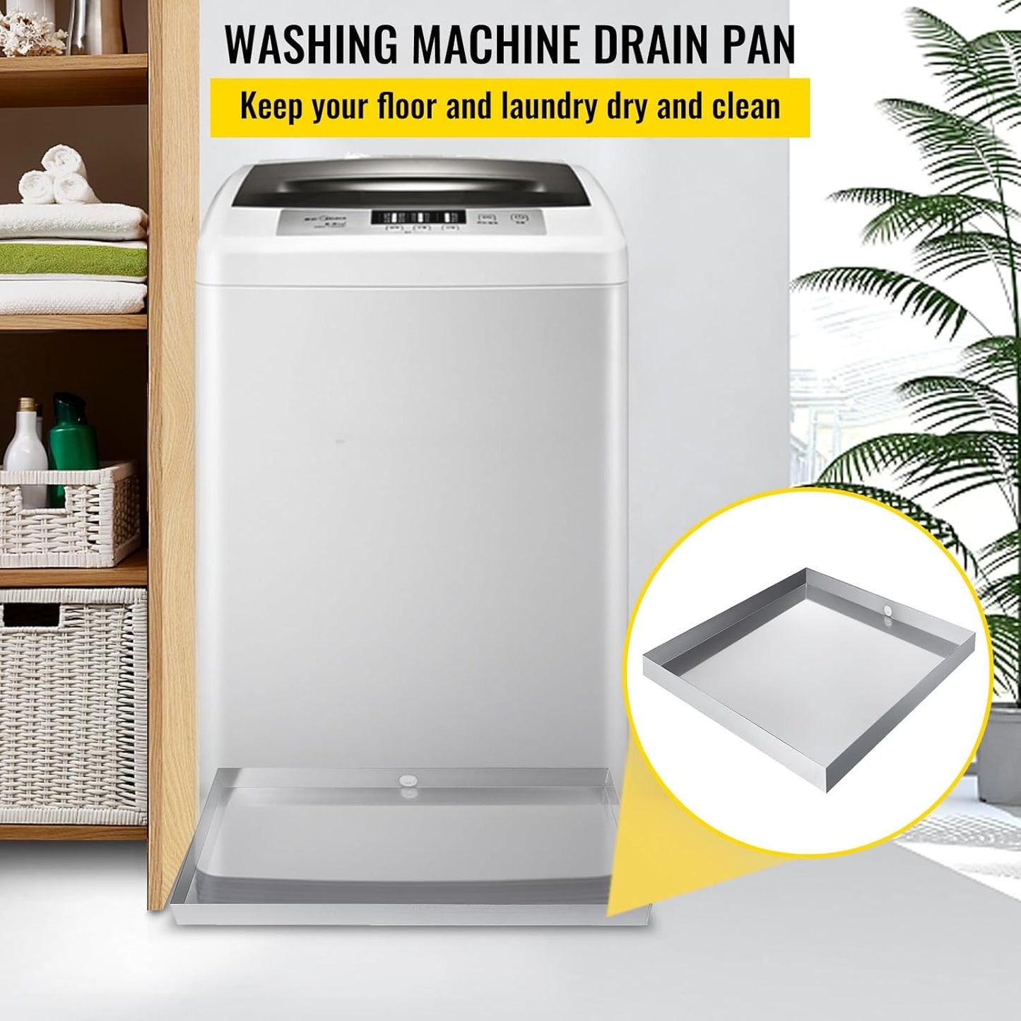 VEVOR 32 x 30 x 2.5 Inch Washing Machine Pan 18 GA Thickness Galvanized Steel Heavy Duty Compact Washer Drip Tray with Drain Hole & Hose Adapter