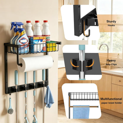 Broom Holder Wall Mount, Broom and Mop Organizer Wall Hanging with Paper Towel Holder & Removable Anti-fall Basket, Wall Mount Cleaning Supplies Organizer for Laundry Room, Apartment, Utility Room