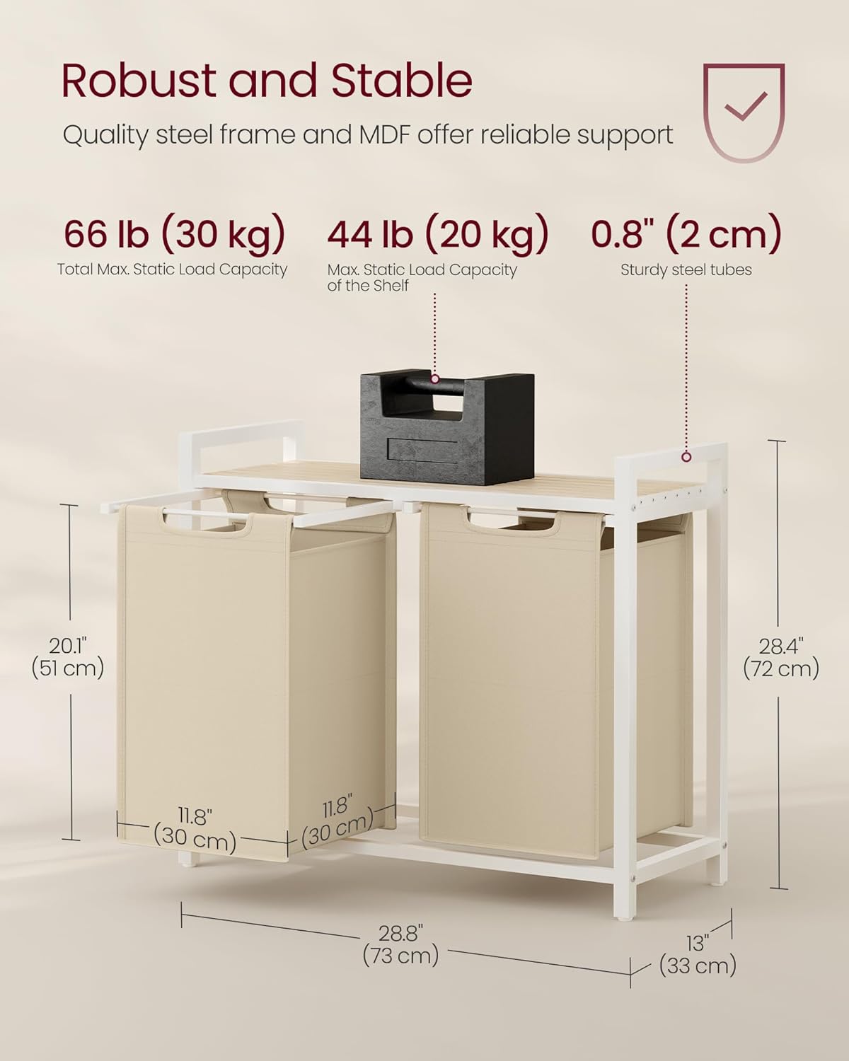 VASAGLE Laundry Hamper, Laundry Basket Sorter with 3 Pull-Out and Removable Bags, Shelf, Metal Frame, 3 x 10.6 Gallons (40 L), 36.4 x 13 x 28.4 Inches, Cappuccino Beige and Natural Beige UBLH301LH01