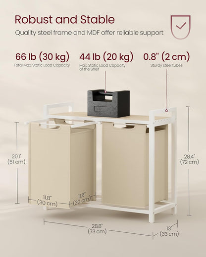 VASAGLE Laundry Hamper, Laundry Basket Sorter with 3 Pull-Out and Removable Bags, Shelf, Metal Frame, 3 x 10.6 Gallons (40 L), 36.4 x 13 x 28.4 Inches, Cappuccino Beige and Natural Beige UBLH301LH01
