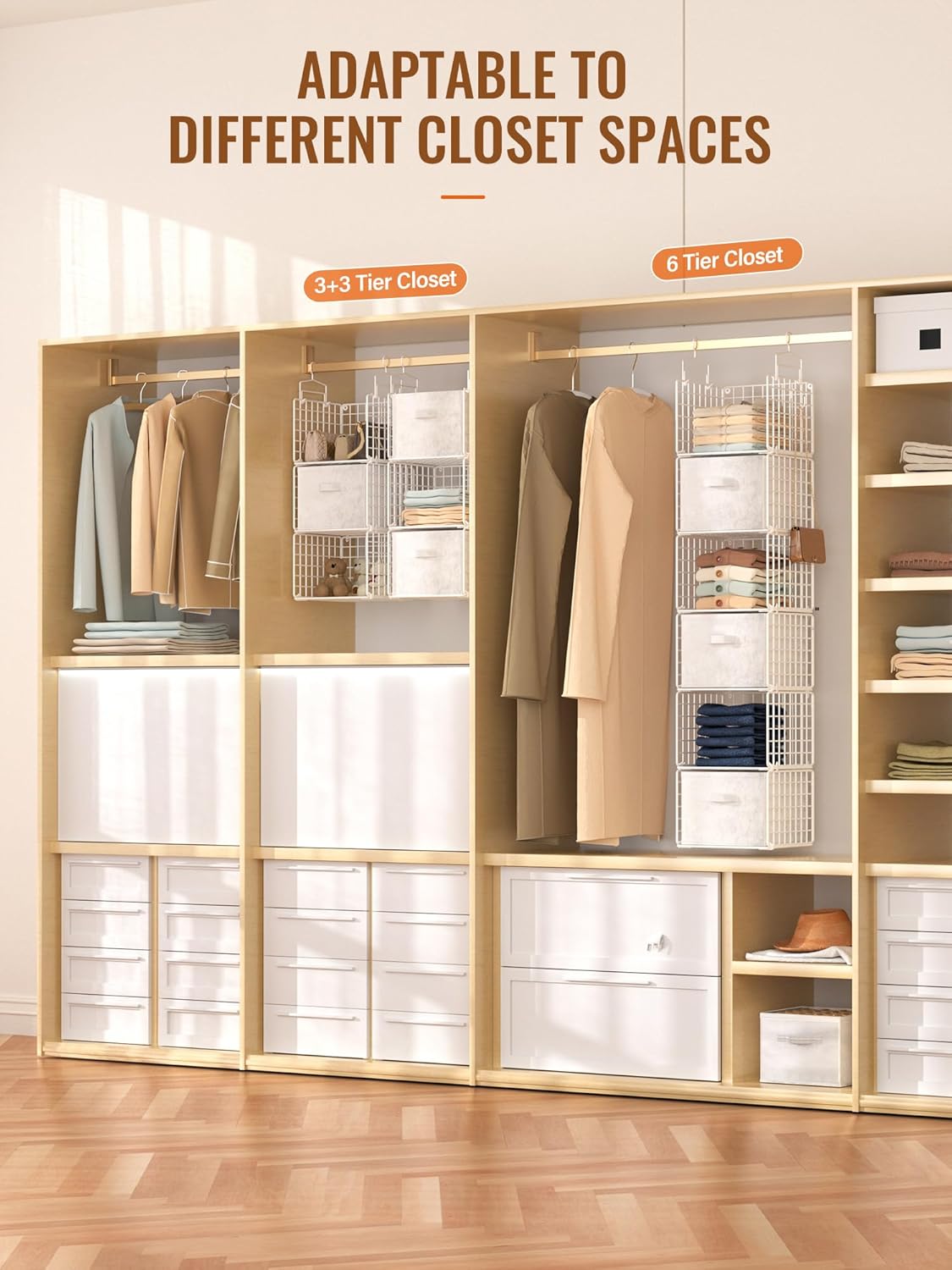 Hanging Closet Organizer, 4 Tier Metal Closet Organizers and Storage with 4 Hanging Hooks 4 S-Hooks for Wardrobe Laundry Room, Wire Storage Shelf for Clothes Sweaters Pants (White)