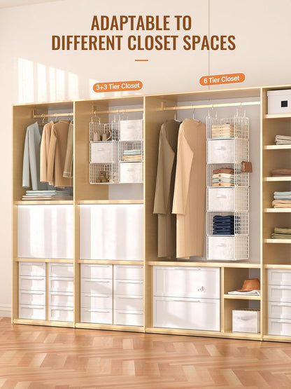 Hanging Closet Organizer, 4 Tier Metal Closet Organizers and Storage with 4 Hanging Hooks 4 S-Hooks for Wardrobe Laundry Room, Wire Storage Shelf for Clothes Sweaters Pants (White)