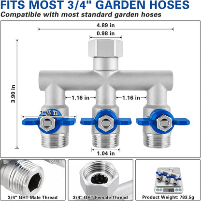 304 Stainless Steel Garden Hose Splitter 2 Way, Heavy Duty 3/4" GHT Y Hose Splitter with Shut-Off Valves, Full Flow Outdoor Faucet Connector with Wrench