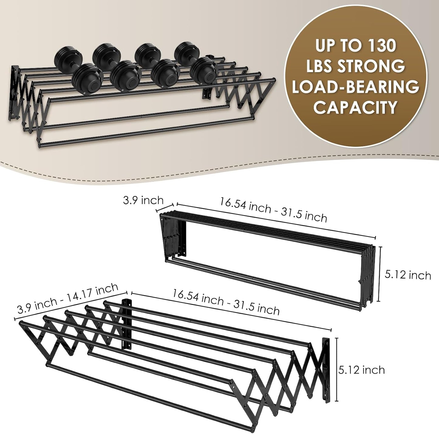 XL-31.5" Wall Mounted Clothes Drying Rack, 130 LBS Large Capacity Rustproof Retractable Clothes Rack, Collapsible Drying Rack Easy to Install with 7 Drying Rods, Space Saving for Laundry-White