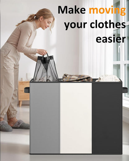 Optish 180L Laundry Hamper 3 Section, Large Laundry Hamper with Lid, Dirty Clothes Hampers with 3 Inner Bags, Laundry Basket Organizer for Laundry, Bedroom, Bathroom, Hamper 3 Compartment, Black