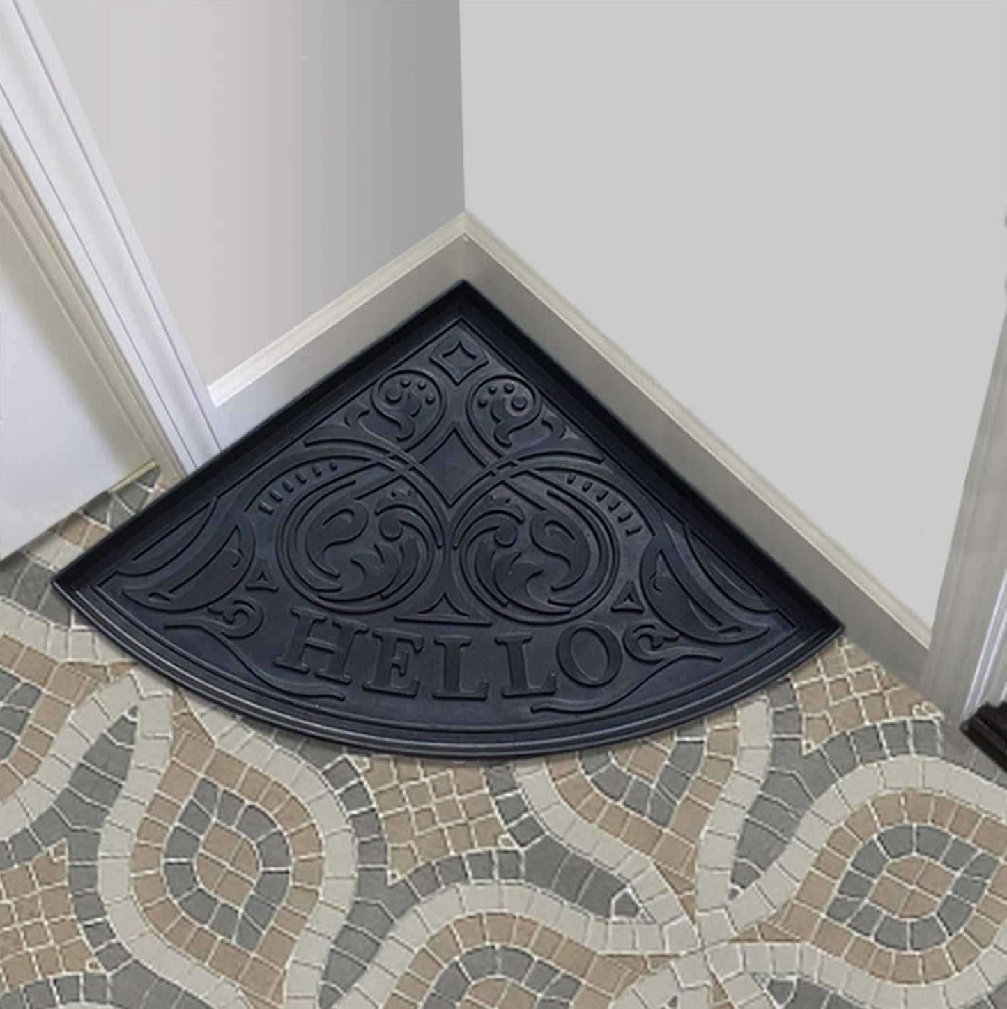 A1HC Heavy Duty Flexible and Durable 100% Rubber Hello Triangle Boot Trays Multi-Purpose for Shoes, Pets, Garden - Mudroom, Entryway, Garage and Scraper Doormat 21.6" X 21.6"