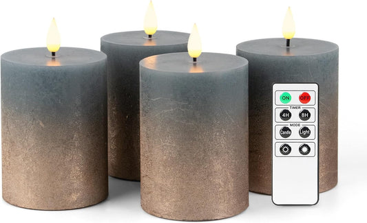 Fanna Flameless LED Pillar Candles with Timer for Wreath, Battery Operated Rustic Wax Candles with Remote for Christmas, 8 Batteries Included - Set of 4 (D 3" x H 4") - Sand Grey/Gold