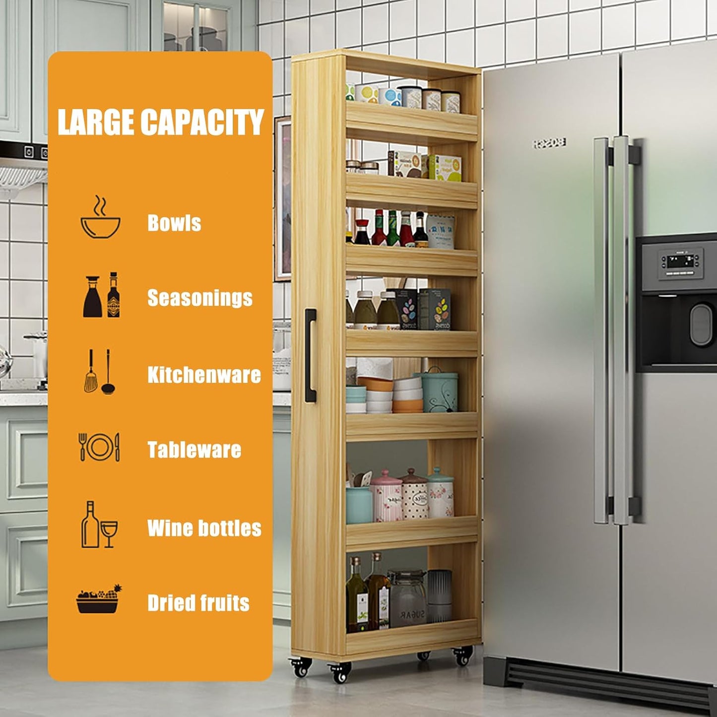 Slim Storage Cart,7 Tier Standing-Shelf with Wheels,Narrow Pantry Organizer for Small Spaces, Mobile Gap Storage Shelf for Kitchen, Laundry Room, Bathroom