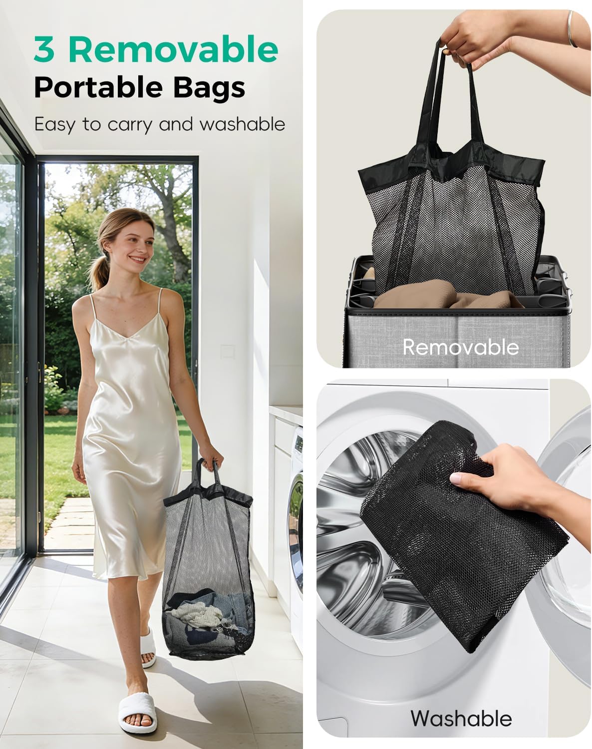 185L Laundry Hamper 3 Section with Lid & Removable Bags | Collapsible laundry basket organizer for laundry room, bedroom & dorm with 3 removable washing bags