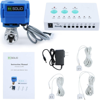 U.S. Solid Water Leak Detector with Auto Shut-Off Valve & Sound Alarm, 1" NSF Certified 304SS Motorized Ball Valve with 3 Sensors, Smart Sensor System for Water Heaters, Laundry & Flood Prevention