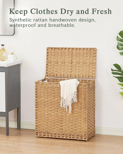 SETVSON Laundry Hamper with Lid Laundry Basket 132 L (35 Gal) Wicker Clothes Hamper, Handwoven Rattan Hamper with Handles and 4 Removable Liner Bags, 6 Mesh Bags for Laundry Bedroom Natural