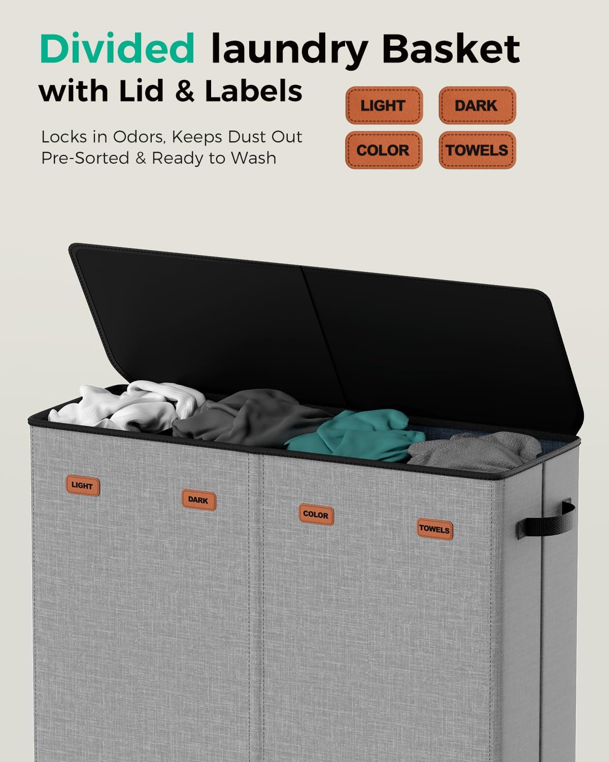 185L Laundry Hamper 3 Section with Lid & Removable Bags | Collapsible laundry basket organizer for laundry room, bedroom & dorm with 3 removable washing bags